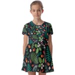 Pattern Forest Leaf Flower Motif Kids  Short Sleeve Pinafore Style Dress