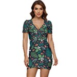 Pattern Forest Leaf Flower Motif Low Cut Cap Sleeve Mini Dress
