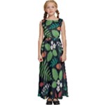 Pattern Forest Leaf Flower Motif Kids  Satin Sleeveless Maxi Dress