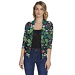 Pattern Forest Leaf Flower Motif Women s Draped Front 3/4 Sleeve Shawl Collar Jacket
