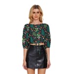 Pattern Forest Leaf Flower Motif Mid Sleeve Drawstring Hem Top