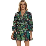 Pattern Forest Leaf Flower Motif V-Neck Placket Mini Dress