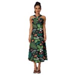 Pattern Forest Leaf Flower Motif Sleeveless Cross Front Cocktail Midi Chiffon Dress