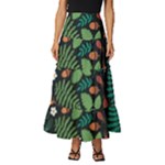Pattern Forest Leaf Flower Motif Tiered Ruffle Maxi Skirt