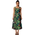 Pattern Forest Leaf Flower Motif Square Neckline Tiered Midi Dress