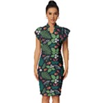 Pattern Forest Leaf Flower Motif Vintage Frill Sleeve V-Neck Bodycon Dress