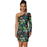 Pattern Forest Leaf Flower Motif Long Sleeve One Shoulder Mini Dress