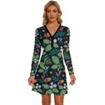Pattern Forest Leaf Flower Motif Long Sleeve Deep V Mini Dress 