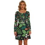 Pattern Forest Leaf Flower Motif Long Sleeve Wide Neck Velvet Dress