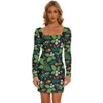 Pattern Forest Leaf Flower Motif Long Sleeve Square Neck Bodycon Velvet Dress