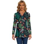Pattern Forest Leaf Flower Motif Long Sleeve Drawstring Hooded Top