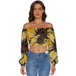 Colorful Seamless Floral Pattern Long Sleeve Crinkled Weave Crop Top