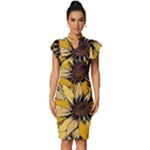 Colorful Seamless Floral Pattern Vintage Frill Sleeve V-Neck Bodycon Dress