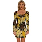 Colorful Seamless Floral Pattern Long Sleeve Square Neck Bodycon Velvet Dress