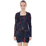 Architecture City Pixel Art V-neck Bodycon Long Sleeve Dress