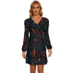 Architecture City Pixel Art Long Sleeve Waist Tie Ruffle Velvet Dress