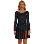 Architecture City Pixel Art Long Sleeve Wide Neck Velvet Dress