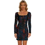 Architecture City Pixel Art Long Sleeve Square Neck Bodycon Velvet Dress
