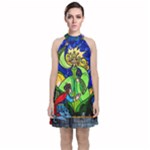 Beauty And The Beast Stained Glass Rose Velvet Halter Neckline Dress 
