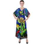 Beauty And The Beast Stained Glass Rose V-Neck Boho Style Maxi Dress