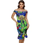 Beauty And The Beast Stained Glass Rose Off Shoulder Ruffle Split Hem Bodycon Dress