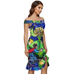 Off Shoulder Ruffle Split Hem Bodycon Dress 
