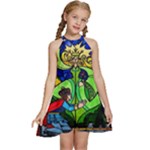 Beauty And The Beast Stained Glass Rose Kids  Halter Collar Waist Tie Chiffon Dress