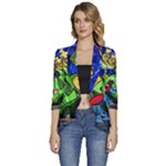 Beauty And The Beast Stained Glass Rose Women s 3/4 Sleeve Ruffle Edge Open Front Jacket