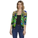 Beauty And The Beast Stained Glass Rose Women s Draped Front 3/4 Sleeve Shawl Collar Jacket
