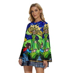 Round Neck Long Sleeve Bohemian Style Chiffon Mini Dress 