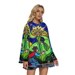 Round Neck Long Sleeve Bohemian Style Chiffon Mini Dress 