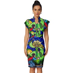 Vintage Frill Sleeve V-Neck Bodycon Dress 