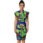 Beauty And The Beast Stained Glass Rose Vintage Frill Sleeve V-Neck Bodycon Dress