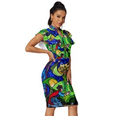 Vintage Frill Sleeve V-Neck Bodycon Dress 