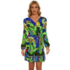 Long Sleeve Waist Tie Ruffle Velvet Dress 