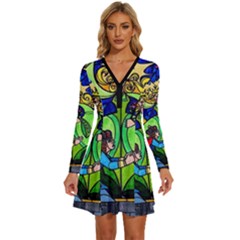 Long Sleeve Deep V Mini Dress  