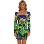 Beauty And The Beast Stained Glass Rose Long Sleeve Square Neck Bodycon Velvet Dress