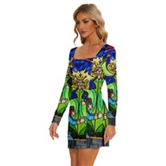 Long Sleeve Square Neck Bodycon Velvet Dress 