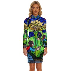 Long Sleeve Shirt Collar Bodycon Dress 