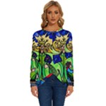 Beauty And The Beast Stained Glass Rose Long Sleeve Crew Neck Pullover Top