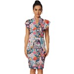 Cottagecore Vintage Frill Sleeve V-Neck Bodycon Dress