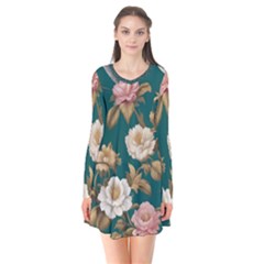 Long Sleeve V-neck Flare Dress 