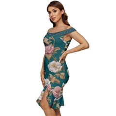 Off Shoulder Ruffle Split Hem Bodycon Dress 