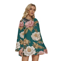 Round Neck Long Sleeve Bohemian Style Chiffon Mini Dress 