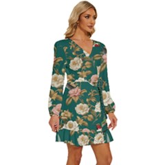Long Sleeve Waist Tie Ruffle Velvet Dress 