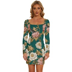 Long Sleeve Square Neck Bodycon Velvet Dress 