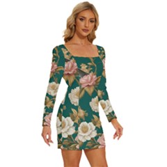 Long Sleeve Square Neck Bodycon Velvet Dress 