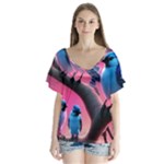 Violet Birds V-Neck Flutter Sleeve Top
