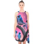 Violet Birds Halter Collar Waist Tie Chiffon Dress