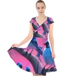 Violet Birds Cap Sleeve Front Wrap Midi Dress